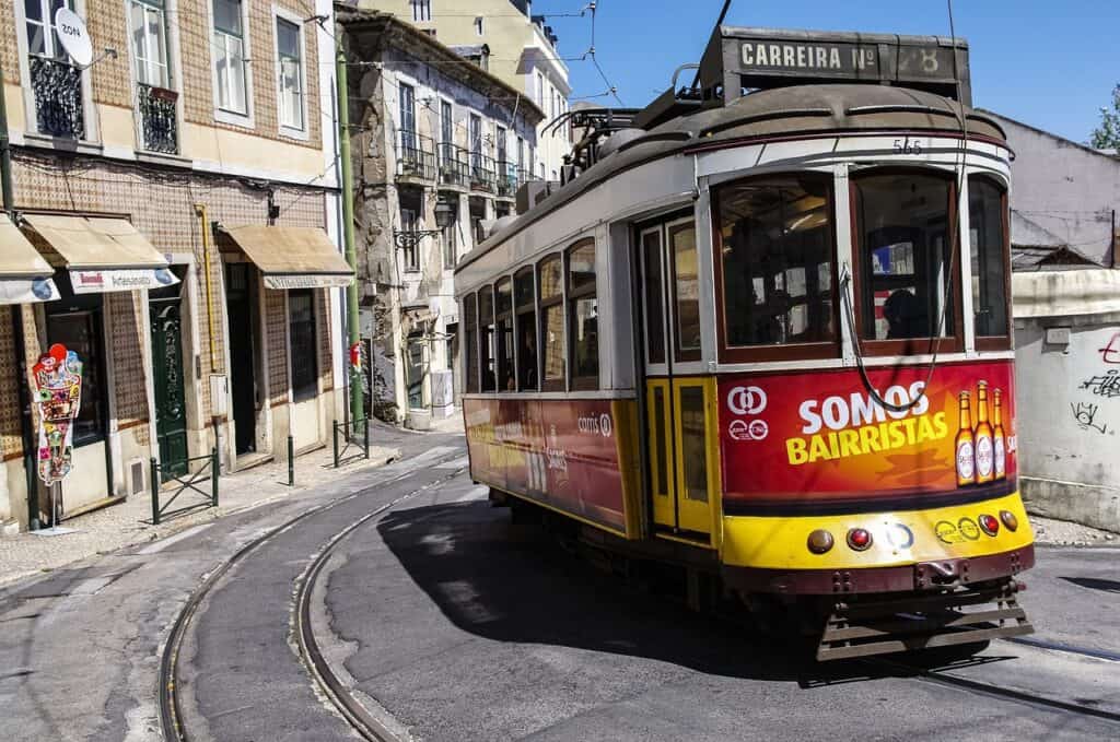 The tram climbing the streets of Alfama in Lisbon