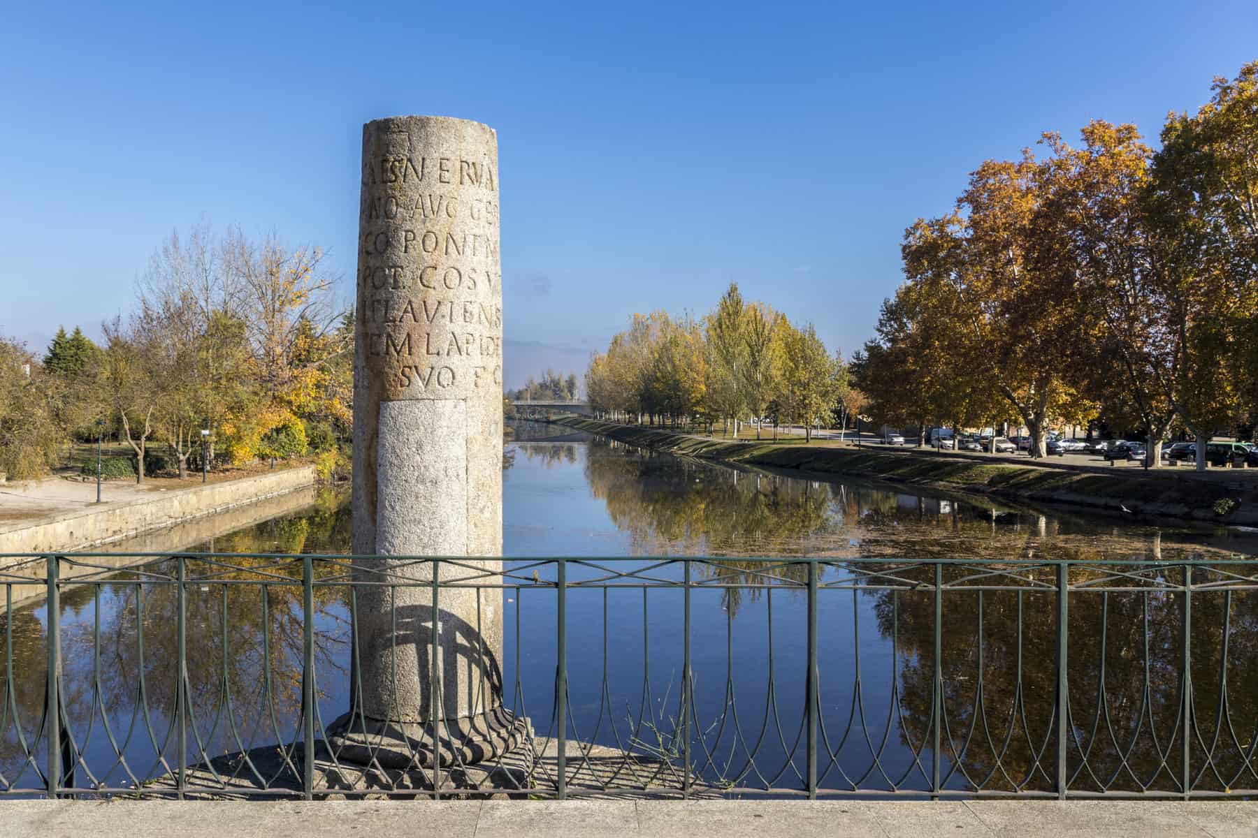 One of the commemorative marker columns of the historic Roman bridge of Emperor Trajan in the city of Chaves, in northern Portugal (Padrão dos Povos)