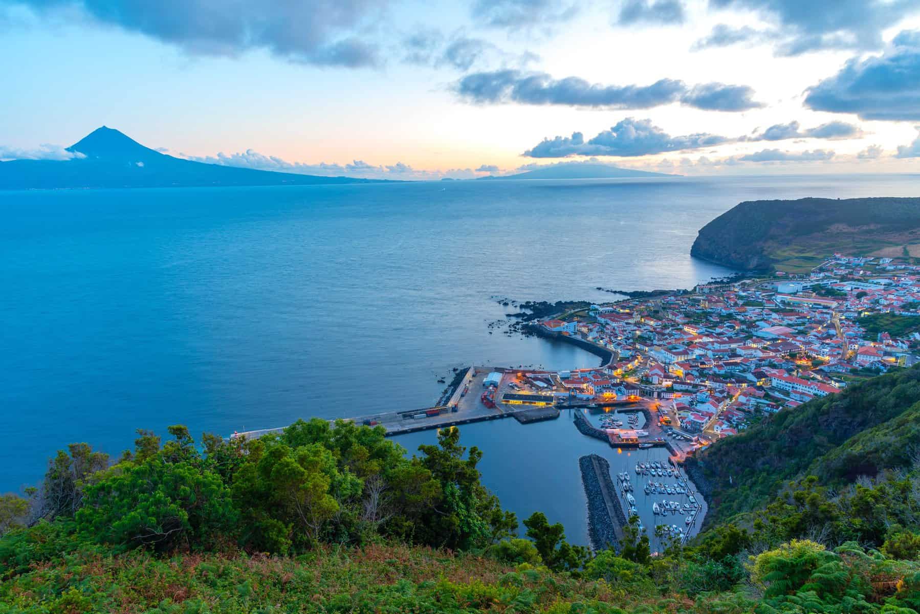 Sunset view of Velas town at Sao Jorge island in Portugal.