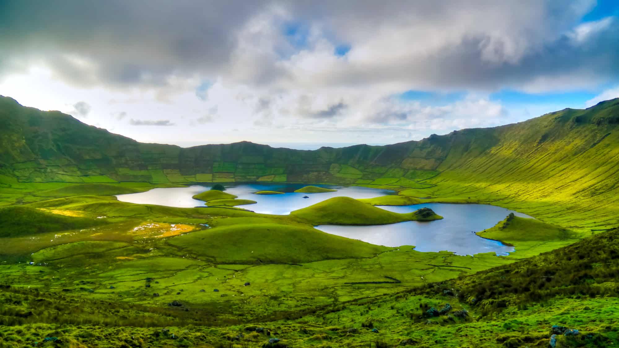 Landscape sunset view to Caldeirao crater at Corvo island, Azores, Portugal