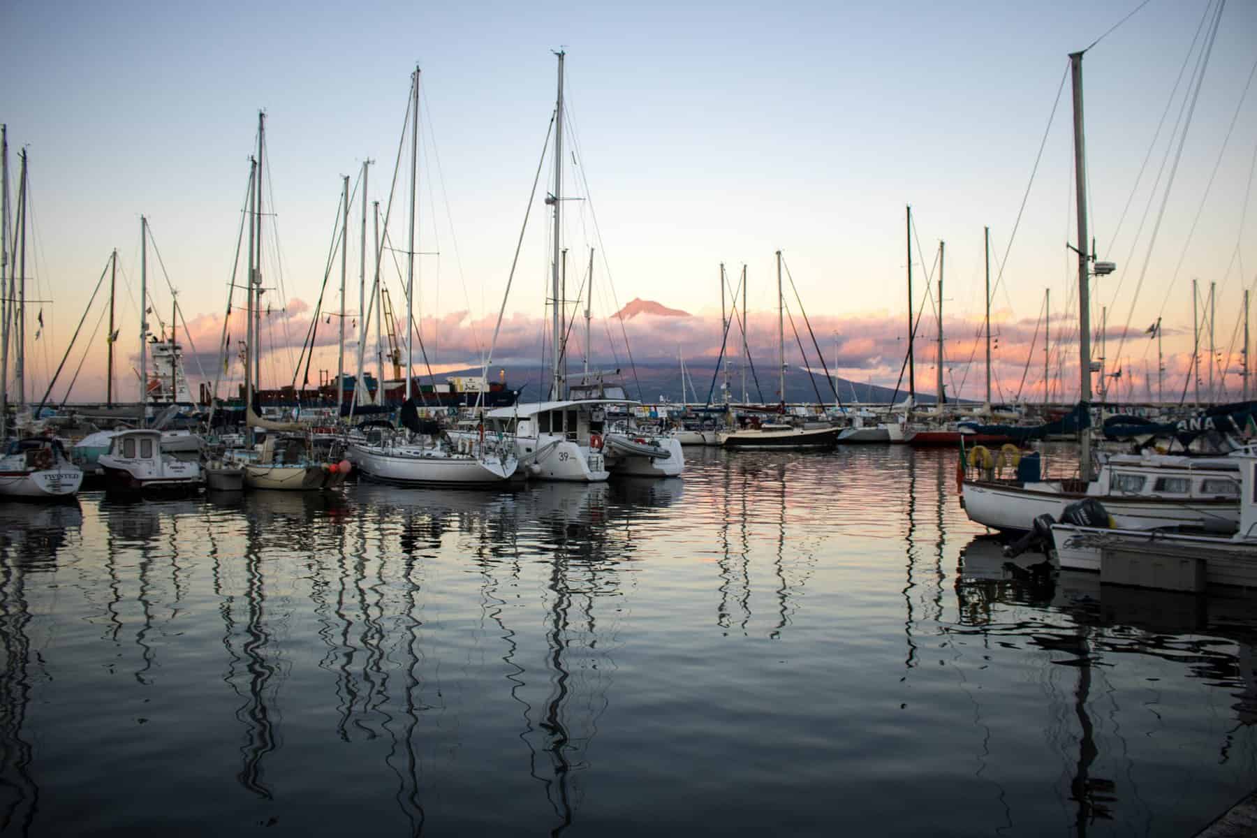 Azores - Portugal - Faial - Horta - the Marina with mount pico in the background