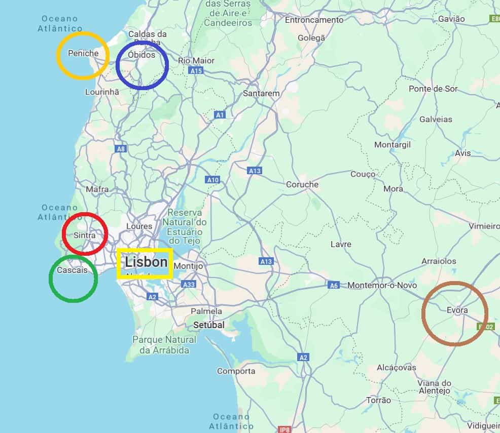 Lisbon-Portugal-Day-Trips-Options-Map